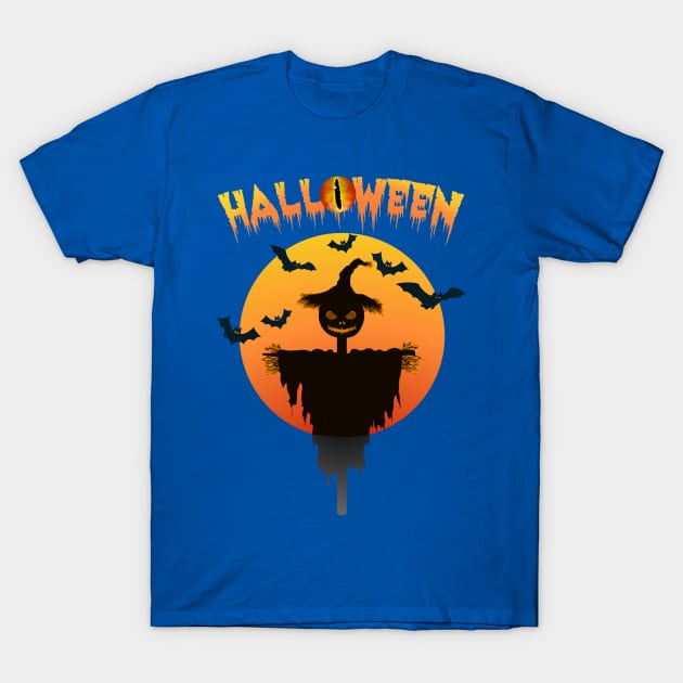 Halloween with Frightening Scarecrow and Flying Halloween Bats T-Shirt by CharJens